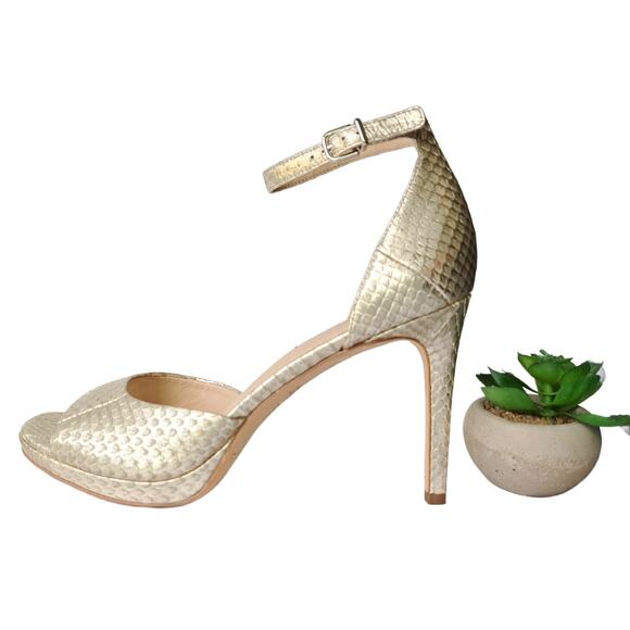 VIA SPIGA Salina Metallic Snake Heel Sandal 8.5 Ankle Strap Platform Gold Dressy - Picture 1 of 10
